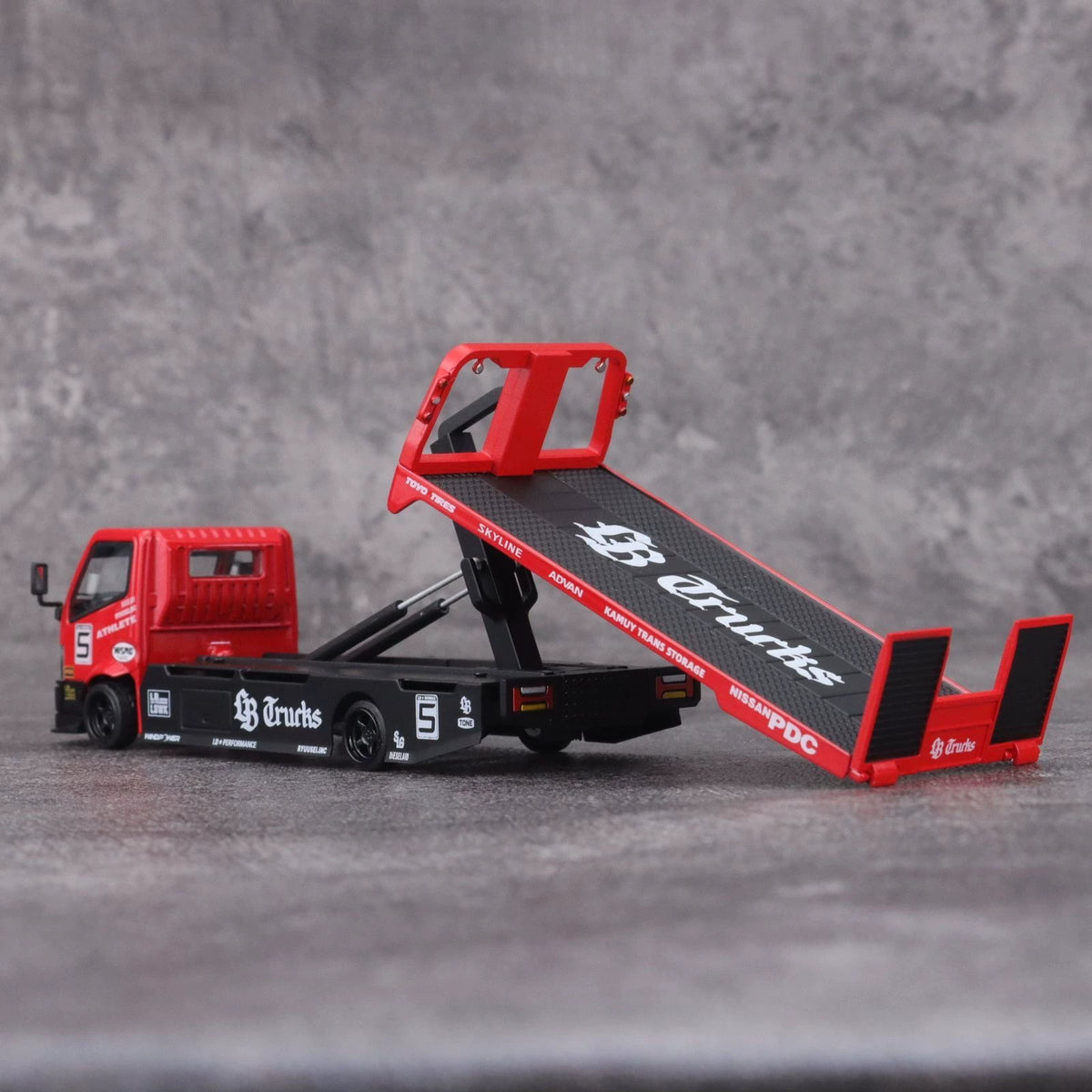 Mega Gear 1:64 Hino 300 Series MK2 Custom Extendable Tow Truck Flat bed #5 Liberty Walk LB Truck Super Silhouette Red Black Livery