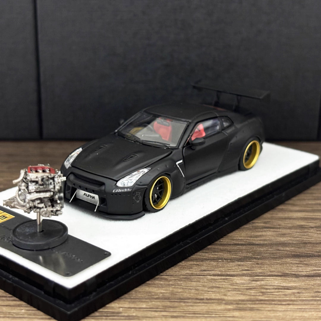 PGM 1:64 Nissan Skyline GT-R R35 Pandem Rocket Bunny Matt Black with Separated Display Engine Limited 999 Pieces (Normal Rectangle Box Edition)