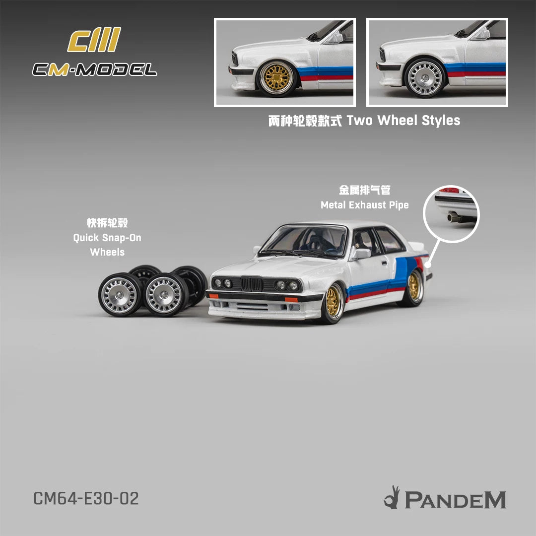 CM Model 1:64 Pandem M3 Mk1 E30 Sedan Rocket Bunny White with M Strip with Extra Wheel-Set