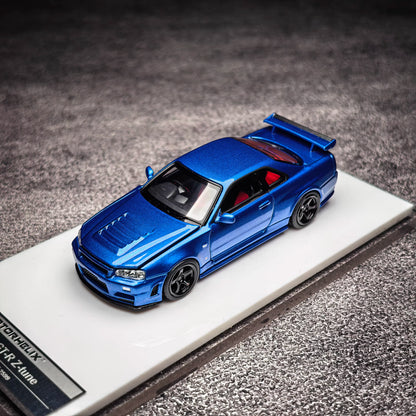 Motorhelix 1:64 Nissan Skyline GT-R R34 Nismo Z-Tune Bayside Blue Openable Front Hood Detailed Engine Official Licensed (Premium Box Packaging)