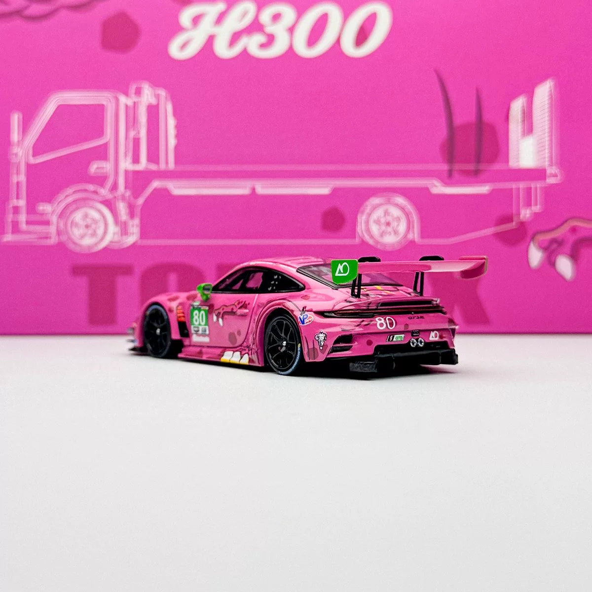 Top Lux X Star Race 1:64 H300 Rollback Tow Truck Extendable Flat Bed + 911 GT3 R Tyrannosaurus Roxy Pink (Full Set)