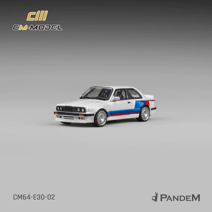 CM Model 1:64 Pandem M3 Mk1 E30 Sedan Rocket Bunny White with M Strip with Extra Wheel-Set