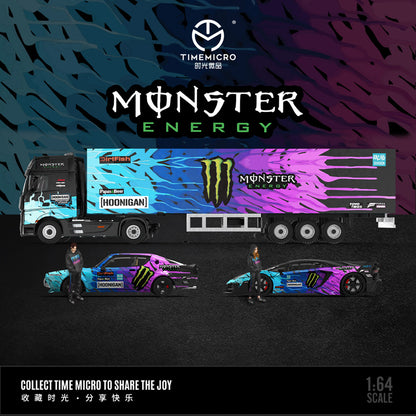 Time Micro 1:64 Mercedes Benz Actros Container Truck Monster Energy Black Edition + Lamborghini Aventador GT EVO + Nissan GT-R KPGC110 + 2 Figures Full Set