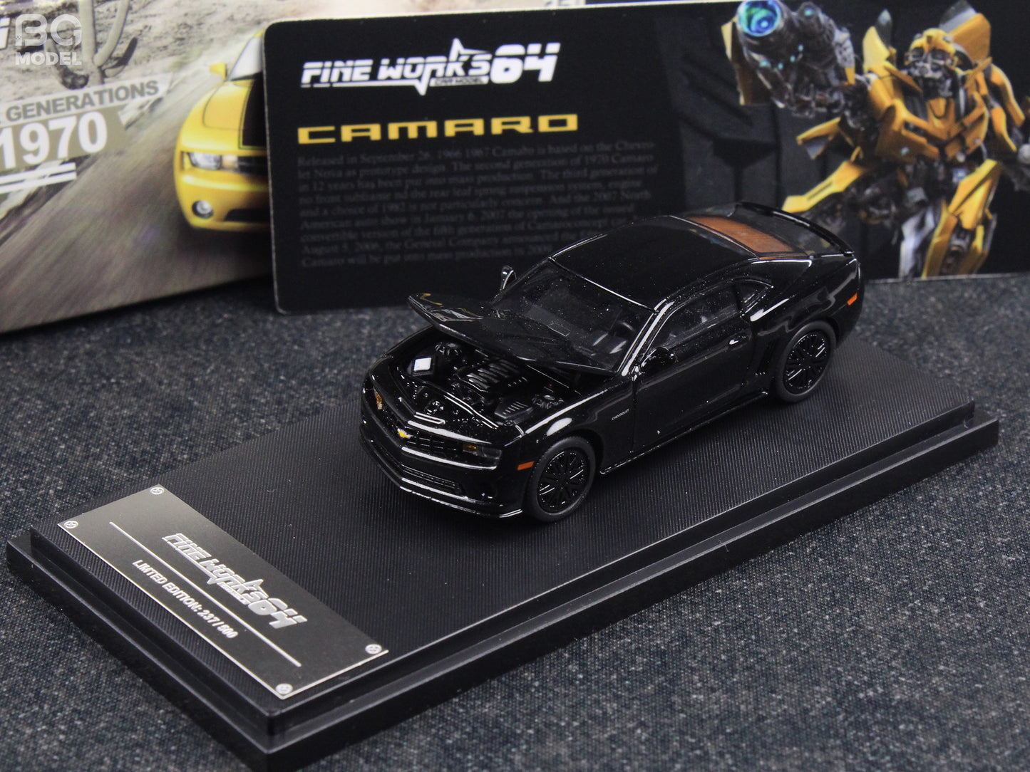 Fine Works 1:64 Chevrolet Camaro Transformers Full Black Openable Front Hood with Detailed Engine Limited 500 Pieces