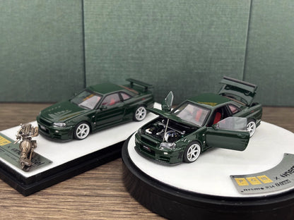 PGM 1:64 Nissan Skyline GT-R R34 Nismo Z-Tune British Green with Separated Display Engine Nissan Official Licensed (Normal Rectangle Box Edition)