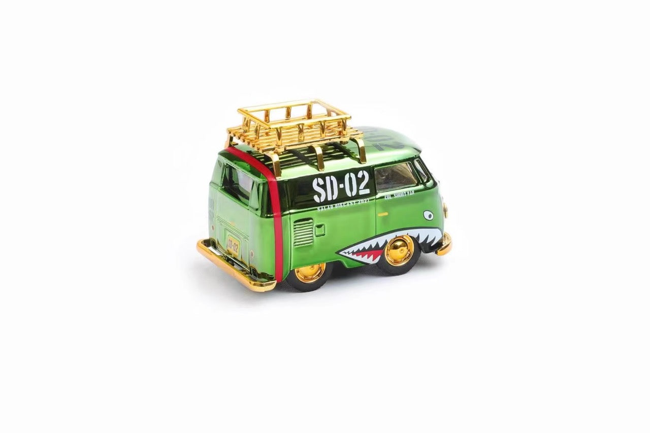 HY Model 1:64 Volkswagen T1 Kombi Camper Van Short Axis Egg Car Chrome Green Shark Standard Wheels