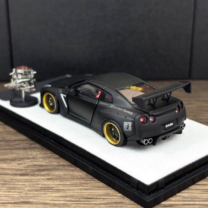 PGM 1:64 Nissan Skyline GT-R R35 Pandem Rocket Bunny Matt Black with Separated Display Engine Limited 999 Pieces (Normal Rectangle Box Edition)