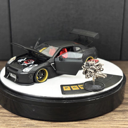 PGM 1:64 Nissan Skyline GT-R R35 Pandem Rocket Bunny Matt Black with Separated Display Engine Limited 999 Pieces (Premium Round Box Packaging)