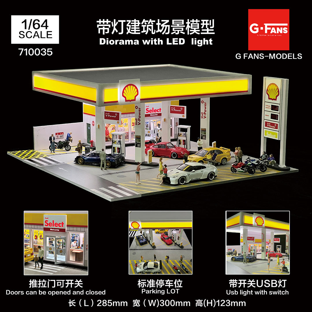 G-Fans 1:64 Shell Gas Station Architectural Scene Model LED Light Diorama