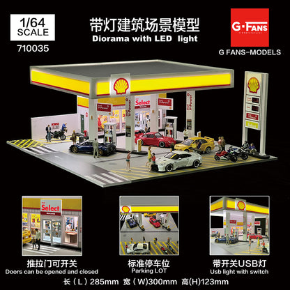 G-Fans 1:64 Shell Gas Station Architectural Scene Model LED Light Diorama