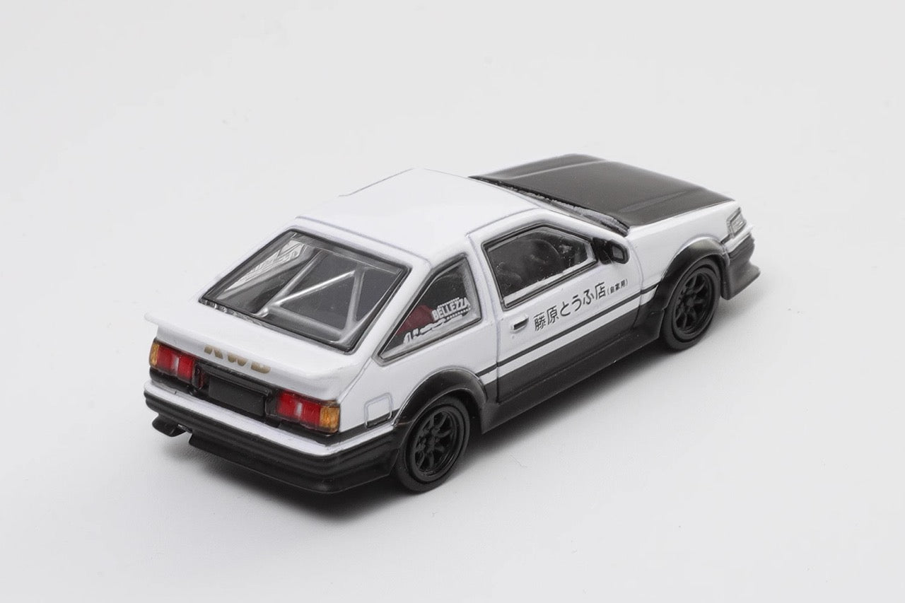 DCT 1:64 Toyota Corolla AE86 Levin GT-APEX RWB Wide Body Custom Initial D Fujiwara Edition White with Black Carbon Hood