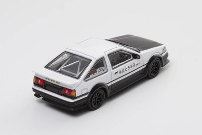 DCT 1:64 Toyota Corolla AE86 Levin GT-APEX RWB Wide Body Custom Initial D Fujiwara Edition White with Black Carbon Hood