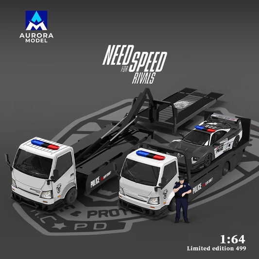 Aurora Model 1:64 Hino H300 Flat bed Transport Trailer Truck Extendable Flat Bed Need For Speed Rivals Edition + Ferrari F40 Need For Speed Rivals Police Car + Resin Policeman Figure Full Set