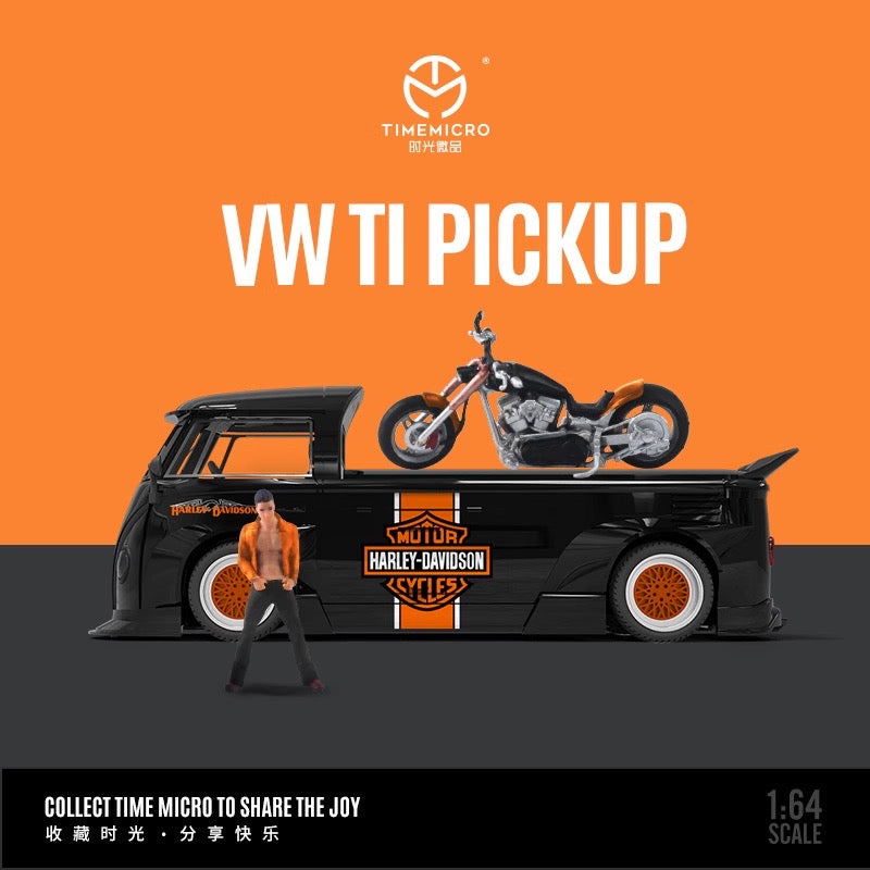Time Micro 1/64 Volkswagen Kombi T1 Modified Wide Body Pick-Up Truck Harley-Davidson Edition + Harley-Davidson Black Orange Motorcycle + Figure Man Full Set