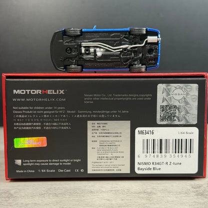 Motorhelix 1:64 Nissan Skyline GT-R R34 Nismo Z-Tune Bayside Blue Openable Front Hood Detailed Engine Official Licensed (Premium Box Packaging)