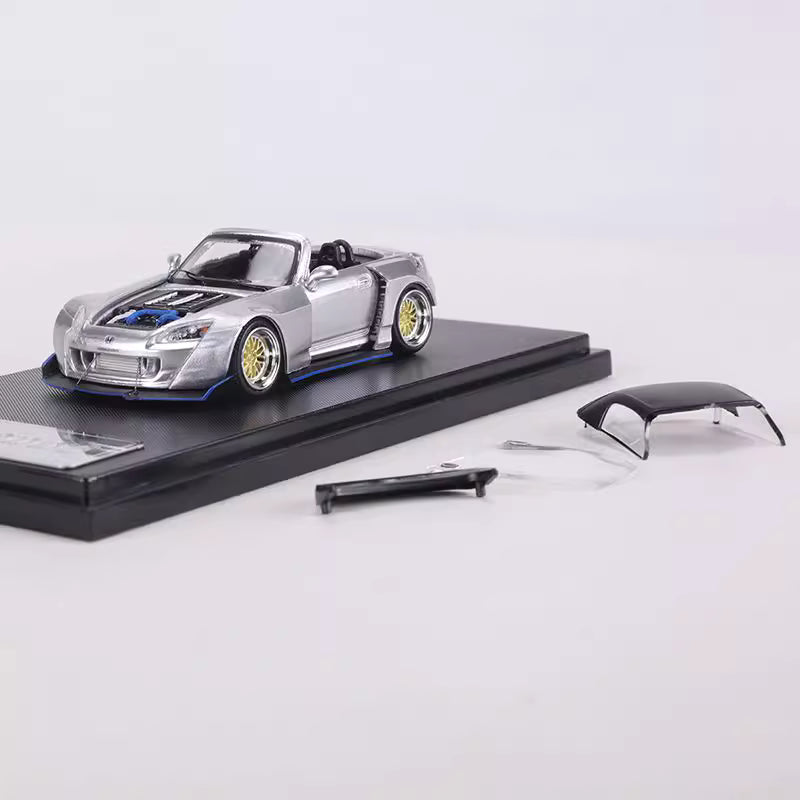 Rhino Model 1:64 Honda S2000 AP2 Convertible Wide Body Silver Openable Front Hood Detailed Engine with Extra Hard Roof for Replacement