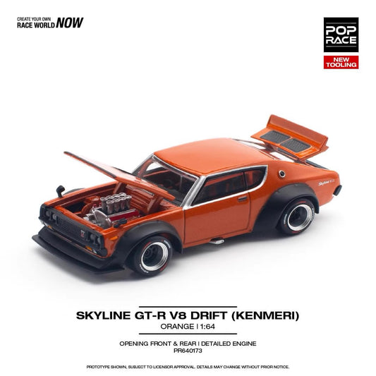 Pop Race 1:64 Nissan Skyline GT-R KPGC110 V8 Drift Kenmeri Orange Opening Front and Rear Detailed Engine (PR640173)