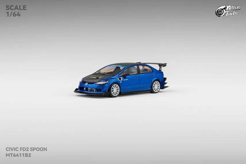 Micro Turbo 1:64 Honda CIVIC FD2 Spoon Sports Metallic Blue with Black Carbon Hood (Openable Front Hood + Detailed Engine)