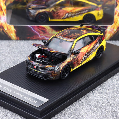 Motorhelix Senior Series 1:64 Honda Civic Type-R FL5  J's Racing Custom Black & Yellow Openable Front Engine Hood - Honda J's Racing Official Licensed