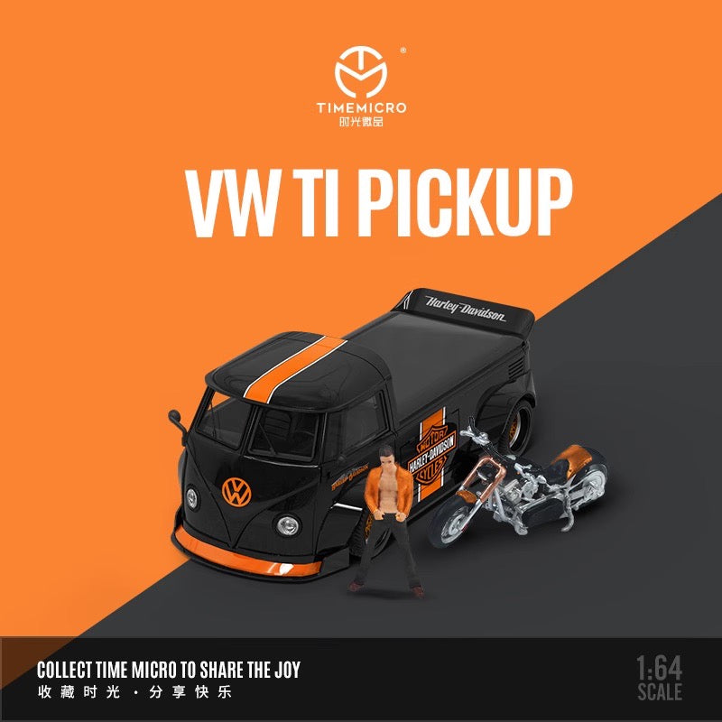 Time Micro 1/64 Volkswagen Kombi T1 Modified Wide Body Pick-Up Truck Harley-Davidson Edition + Harley-Davidson Black Orange Motorcycle + Figure Man Full Set