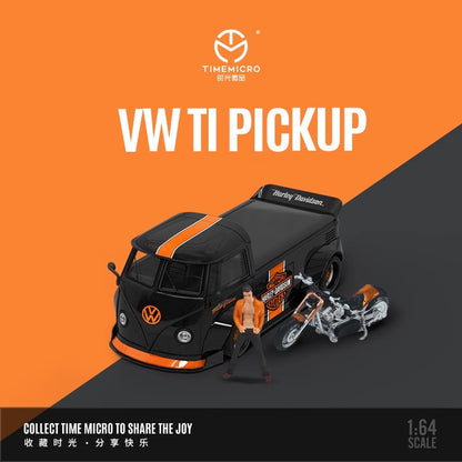 Time Micro 1/64 Volkswagen Kombi T1 Modified Wide Body Pick-Up Truck Harley-Davidson Edition + Harley-Davidson Black Orange Motorcycle + Figure Man Full Set