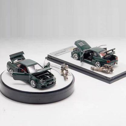PGM 1:64 Nissan Skyline GT-R R34 Nismo Z-Tune British Green with Separated Display Engine Nissan Official Licensed (Normal Rectangle Box Edition)