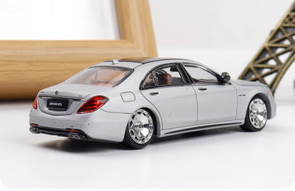 Rhino Model 1:64 Mercedes Benz AMG S63 S-Class MK6 W222 Grey with Low Ride Low Stance Wheels Openable Front Hood Detailed Engine