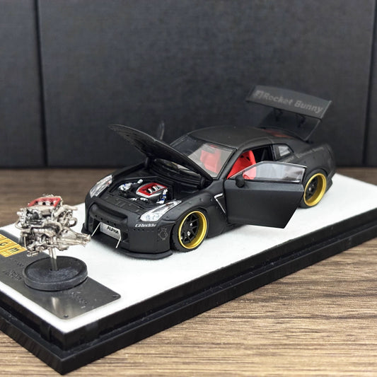 PGM 1:64 Nissan Skyline GT-R R35 Pandem Rocket Bunny Matt Black with Separated Display Engine Limited 999 Pieces (Normal Rectangle Box Edition)