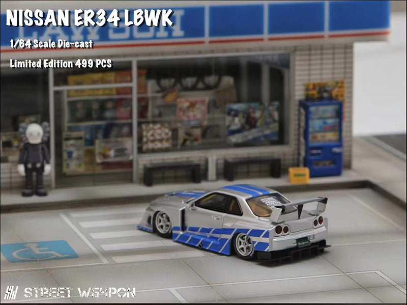 Street Weapon 1/64 Nissan Skyline GT-R R34 LBWK ER34 Liberty Walk Fast & Furious Open Bonnet Engine Hood
