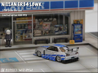 Street Weapon 1/64 Nissan Skyline GT-R R34 LBWK ER34 Liberty Walk Fast & Furious Open Bonnet Engine Hood