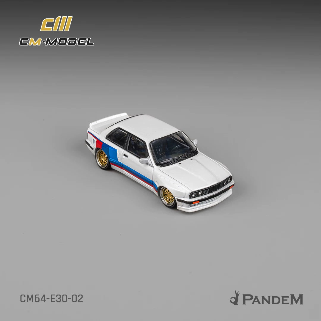 CM Model 1:64 Pandem M3 Mk1 E30 Sedan Rocket Bunny White with M Strip with Extra Wheel-Set