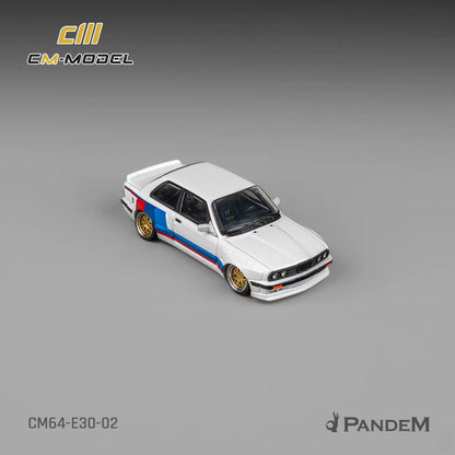 CM Model 1:64 Pandem M3 Mk1 E30 Sedan Rocket Bunny White with M Strip with Extra Wheel-Set