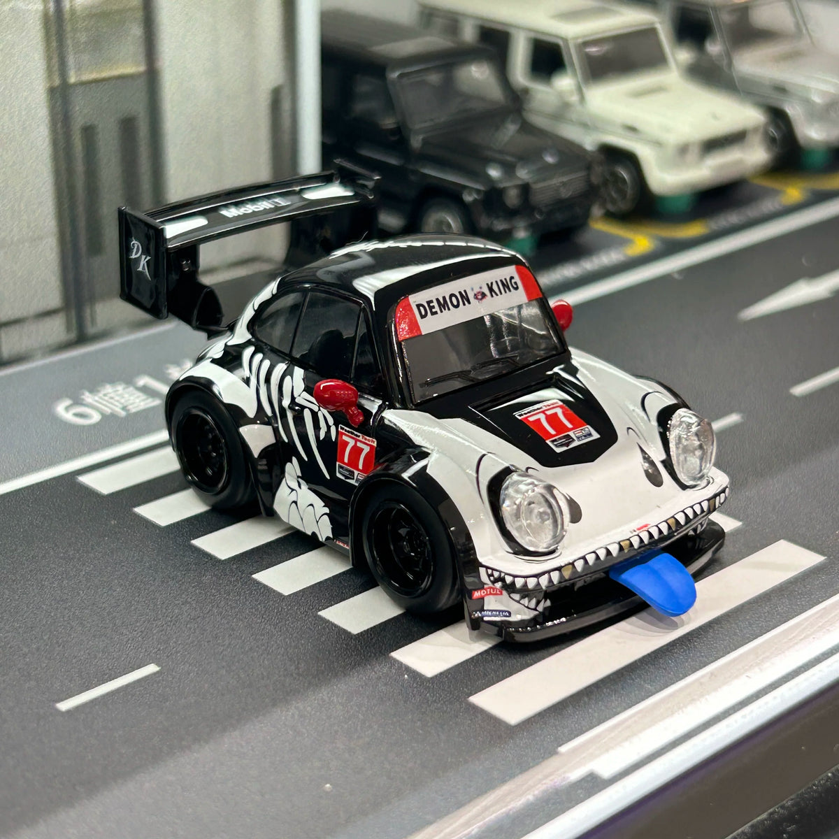 Demon King Auto 1:64 RWB 930 Skeleton Rexy Dinosaur Cute Q Car in Premium Box Packaging (Random Tongue Colour)