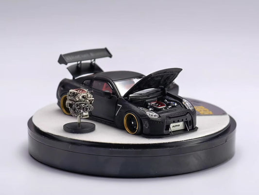 PGM 1:64 Nissan Skyline GT-R R35 Pandem Rocket Bunny Matt Black with Separated Display Engine Limited 999 Pieces (Premium Round Box Packaging)