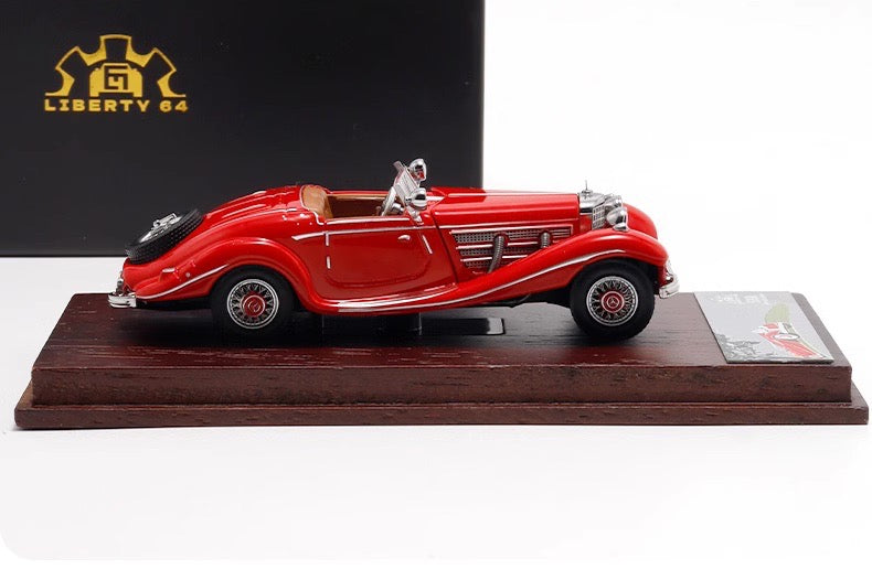 Liberty64 1:64 Mercedes-Benz 500K (W29) Red (Flocked Foot Pads, Hardware Details, Wooden Platform + Acrylic Transparent Box + Flip-Top Gift Box Packaging)