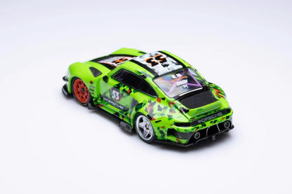 [3 Cars Bundle] Mini GT 1:64 Porsche 911 GT3 R #77 AO Racing 2025 IMSA Petit Le Mans in Paper Box Packaging (MGT01143-CH)  + [Premium Resin Model] Fine Works 1:64 Aventador LP700-4 White Black Panel Lines + DCM 1:64 RWB 993 Duck Tail Green