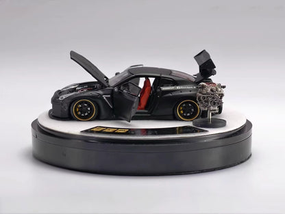 PGM 1:64 Nissan Skyline GT-R R35 Pandem Rocket Bunny Matt Black with Separated Display Engine Limited 999 Pieces (Premium Round Box Packaging)