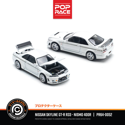Pop Race 1:64 Nissan Skyline GT-R R33 NISMO 400R White Opening Front and Rear (PR640052)