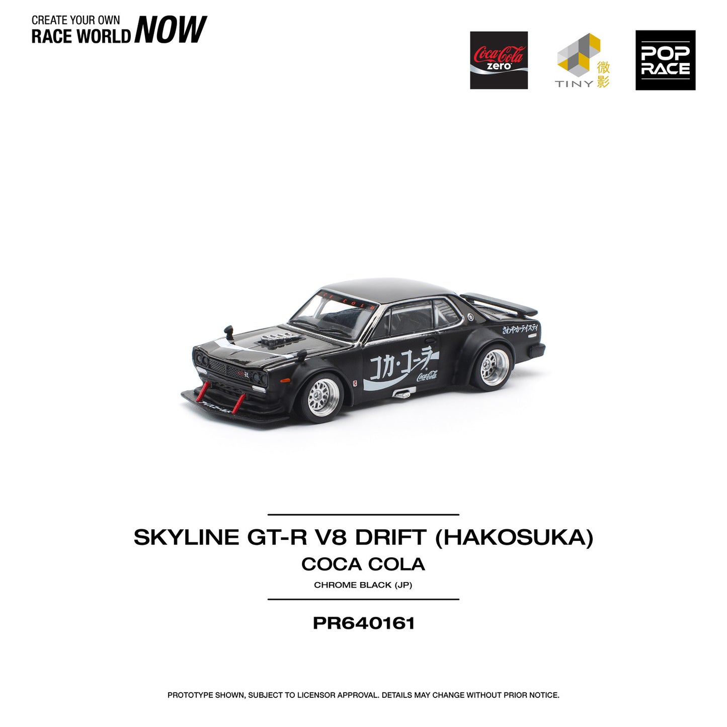Pop Race 1:64 Nissan Skyline GT-R KPGC10 V8 Drift Hakosuka Coca Cola Chrome Black (JP) Opening Front and Rear Detailed Engine (PR640161)