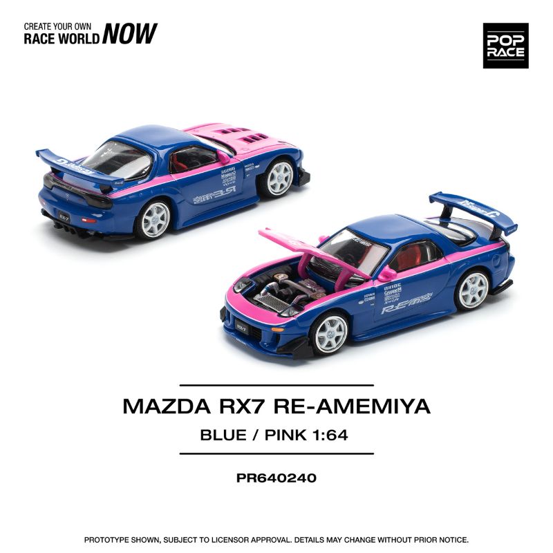 Pop Race 1:64 Mazda RX-7 FD3S Re-Amemiya Wide body Blue / Pink Openable Engine Hood (PR640240)