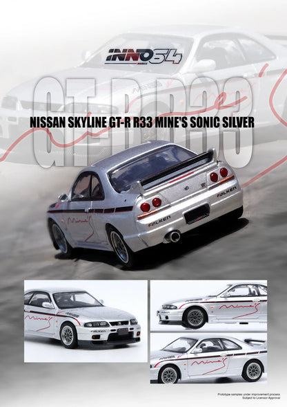 INNO64 1/64 Nissan Skyline GT-R (R33) TUNED BY MINE'S Silver (IN64-R33-MINES-S)