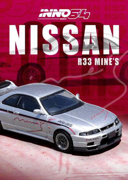 INNO64 1/64 Nissan Skyline GT-R (R33) TUNED BY MINE'S Silver (IN64-R33-MINES-S)