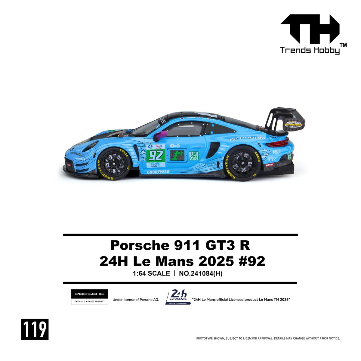 Trends Hobby 1:64 Porsche 911 GT3 R Manthey 1st Phorm 2025 Le Mans 24H LMGT3 Winner #92 Openable Front Hood Detailed Engine Porsche Official Licensed (241084H)