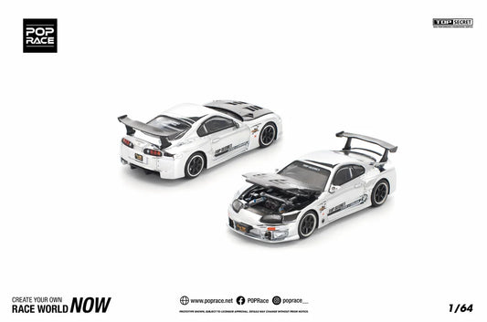 Pop Race 1:64 Top Secret GT300 Supra A80 Chrome Silver Carbon Hood Openable Front Hood Detailed Engine (PR640325)