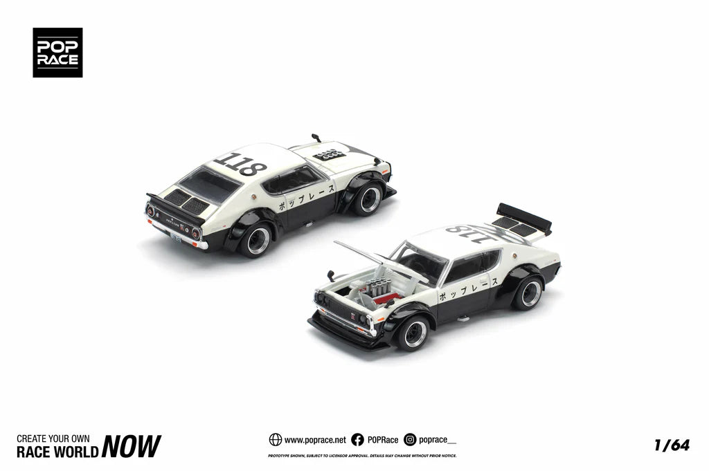Pop Race 1:64 Nissan Skyline GT-R KPGC110 V8 Drift Kenmeri White Black NPA Style Opening Front and Rear Detailed Engine (PR640252)