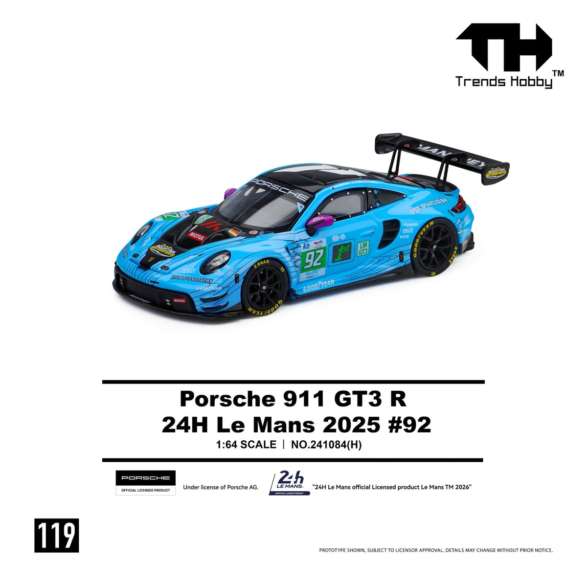 Trends Hobby 1:64 Porsche 911 GT3 R Manthey 1st Phorm 2025 Le Mans 24H LMGT3 Winner #92 Openable Front Hood Detailed Engine Porsche Official Licensed (241084H)