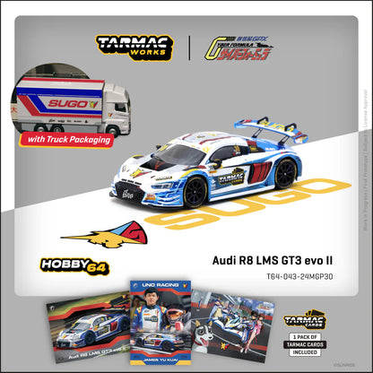 Tarmac Works 1/64 Audi R8 LMS GT3 EVO II Macau GT Cup - FIA GT World Cup 2024 Uno Racing #30 with Tarmac Cards Combo Set and Truck Packaging - Tarmac Works HOBBY64