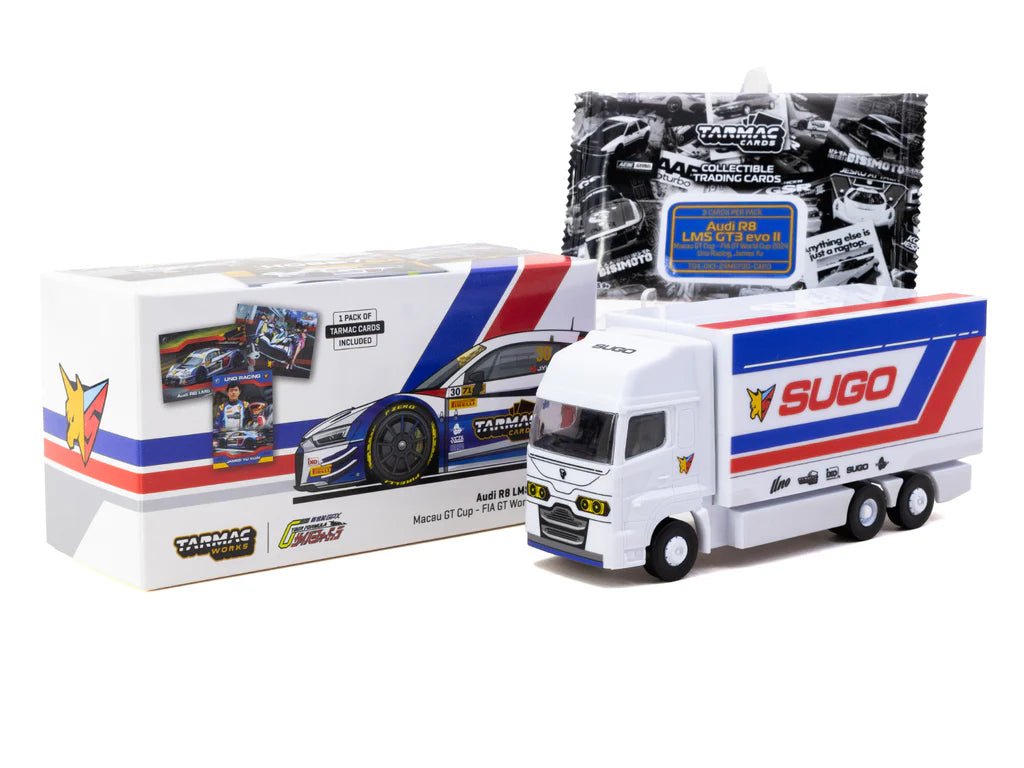Tarmac Works 1/64 Audi R8 LMS GT3 EVO II Macau GT Cup - FIA GT World Cup 2024 Uno Racing #30 with Tarmac Cards Combo Set and Truck Packaging - Tarmac Works HOBBY64