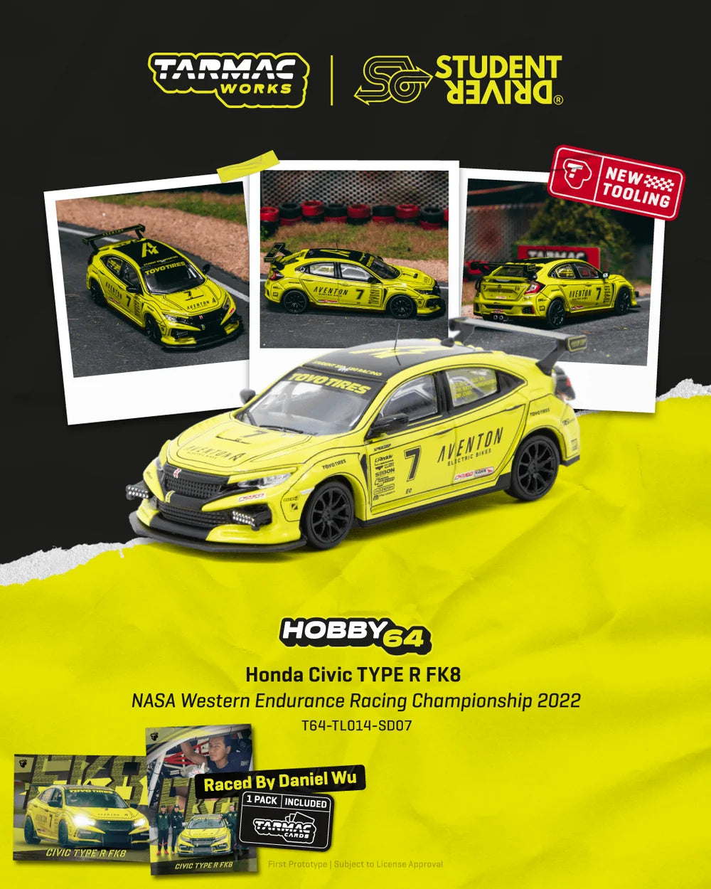 Tarmac Works 1/64 Honda Civic TYPE R FK8 NASA Western Endurance Racing Championship 2022 #7 Student Driver (by Daniel Wu) - Tarmac Works HOBBY64