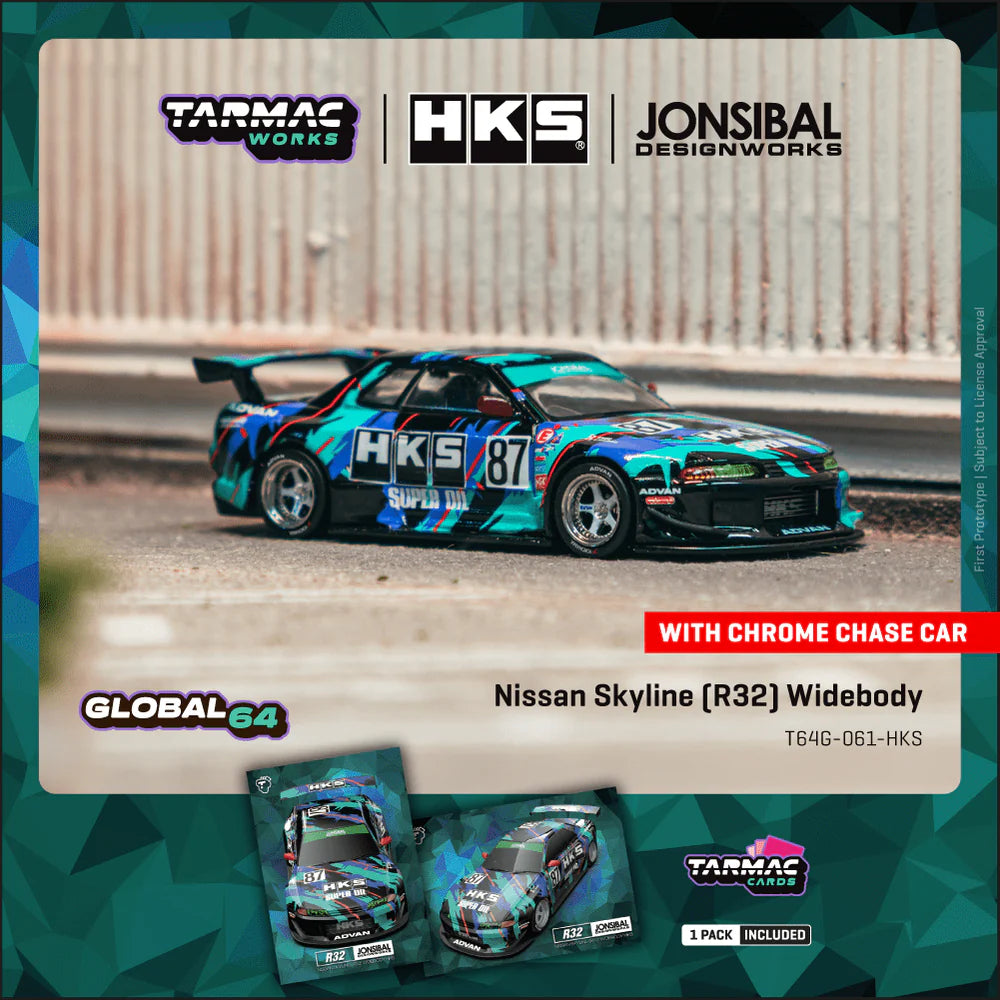 Tarmac Works 1/64 Nissan Skyline (R32) Widebody HKS with Tarmac Cards Combo Set - Designed by Jon Sibal - Tarmac Works GLOBAL64